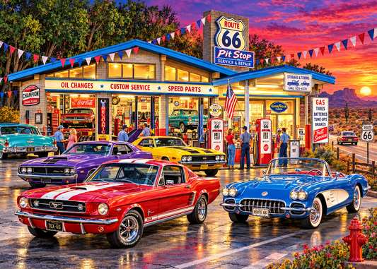 Route 66 Pit Stop – Classic Cars & Sunset Memories Jigsaw Puzzle