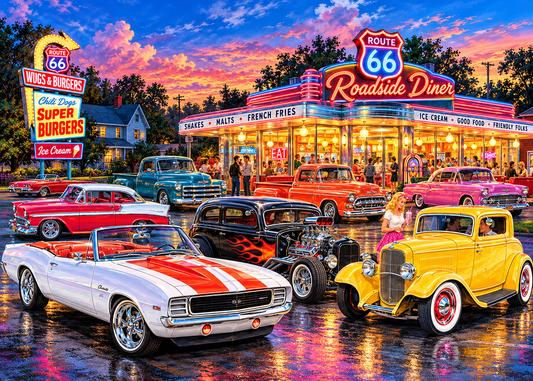 Route 66 Cruise-In – Classic Cars & Neon Diner Jigsaw Puzzle