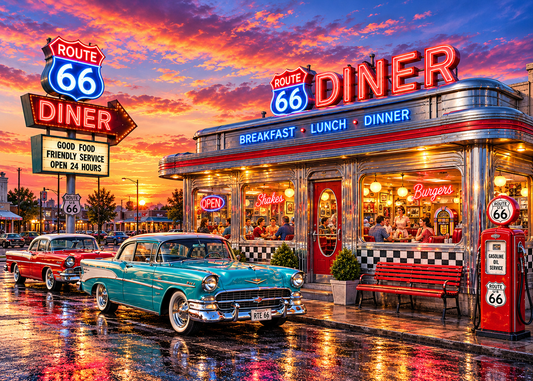 Route 66 Neon Diner – Classic Cars & Sunset Memories Jigsaw Puzzle