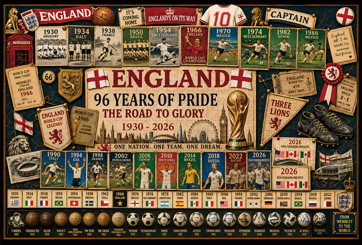 England 96-Year Glory Road World Cup Soccer "Road to Glory" Jigsaw Puzzle – 500/1000 Pieces