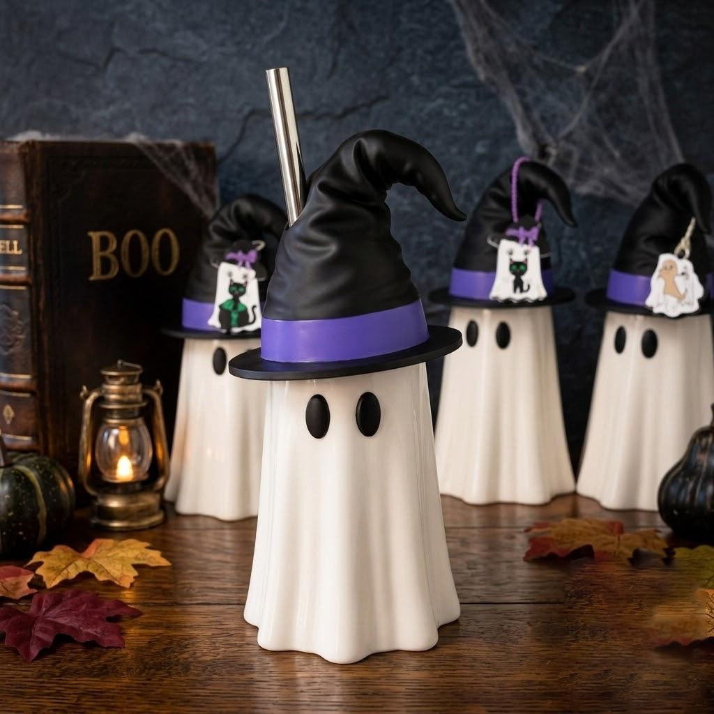 Halloween Ghost Can Holder with Witch Hat