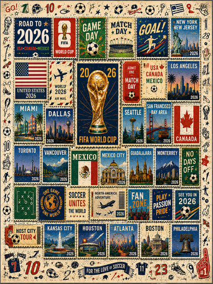 2026 World Cup - Soccer Host City Stamp Puzzle - 500/1000 Piece Jigsaw Puzzle