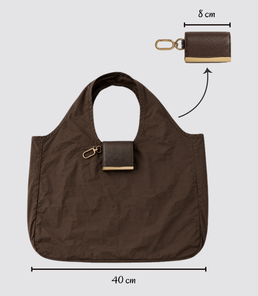 Brown foldable tote shown open and folded