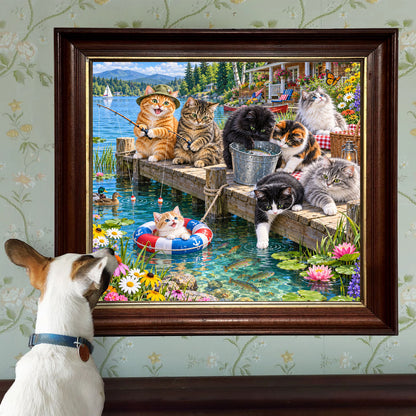 Cats’ Perfect Fishing Day Jigsaw Puzzle 1000 Pieces – Whimsical Lakeside Cat Puzzle for Cat Lovers