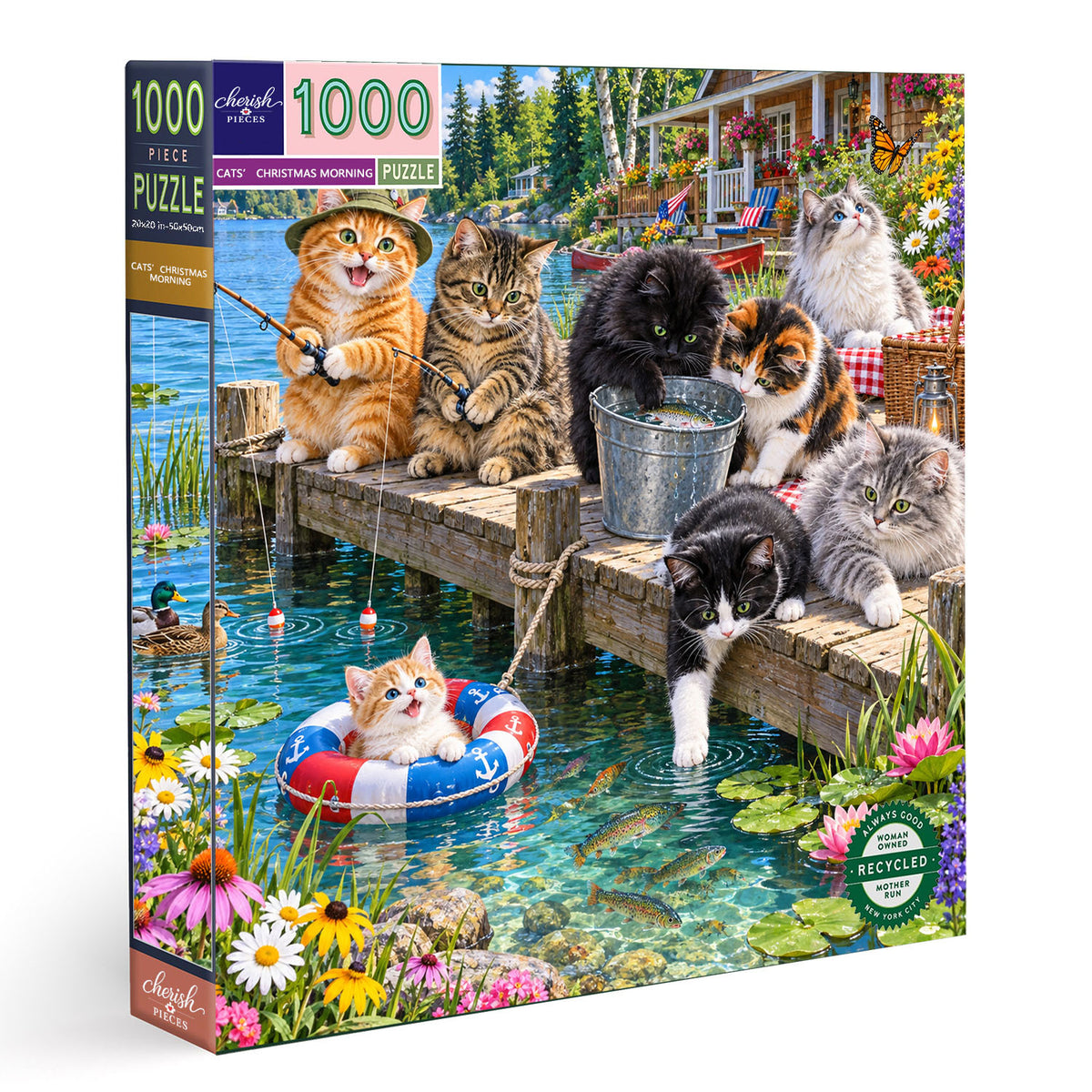Cats’ Perfect Fishing Day Jigsaw Puzzle 1000 Pieces – Whimsical Lakeside Cat Puzzle for Cat Lovers