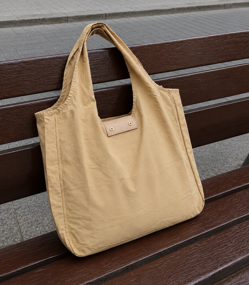 Beige foldable tote on a bench