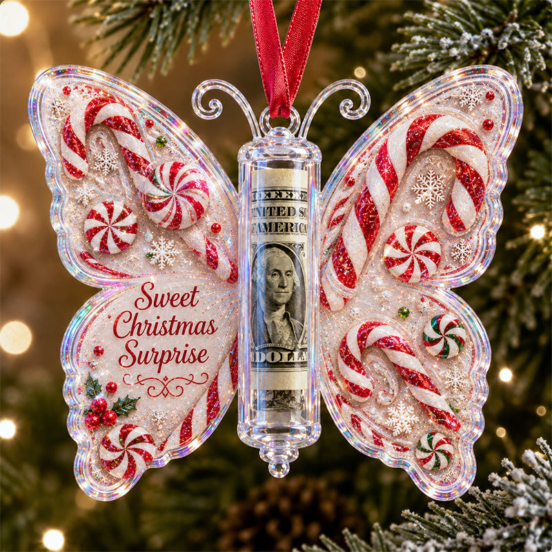 Christmas cash gift butterfly ornament – Candy Cane design