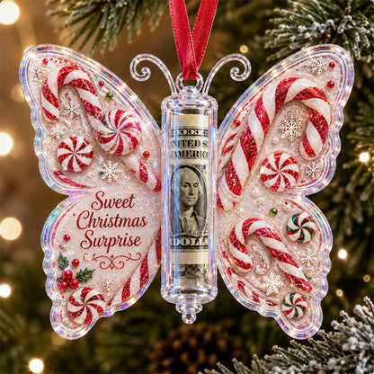 Christmas cash gift butterfly ornament – Candy Cane design