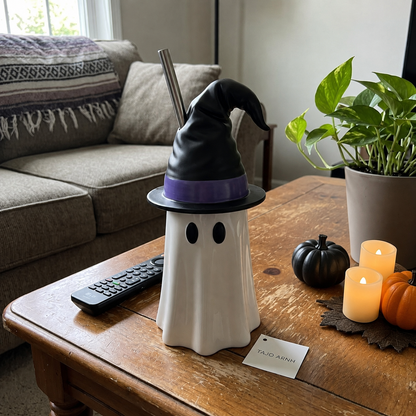 Halloween Ghost Can Holder with Witch Hat