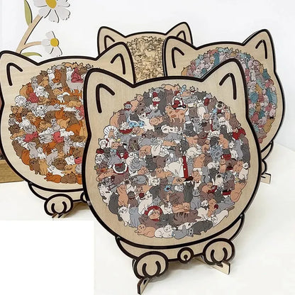 Morandi-colored cat-shaped wooden jigsaw puzzle