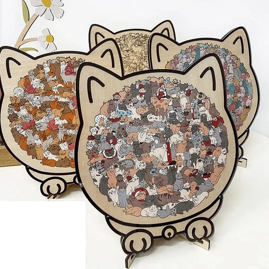Morandi-colored cat-shaped wooden jigsaw puzzle