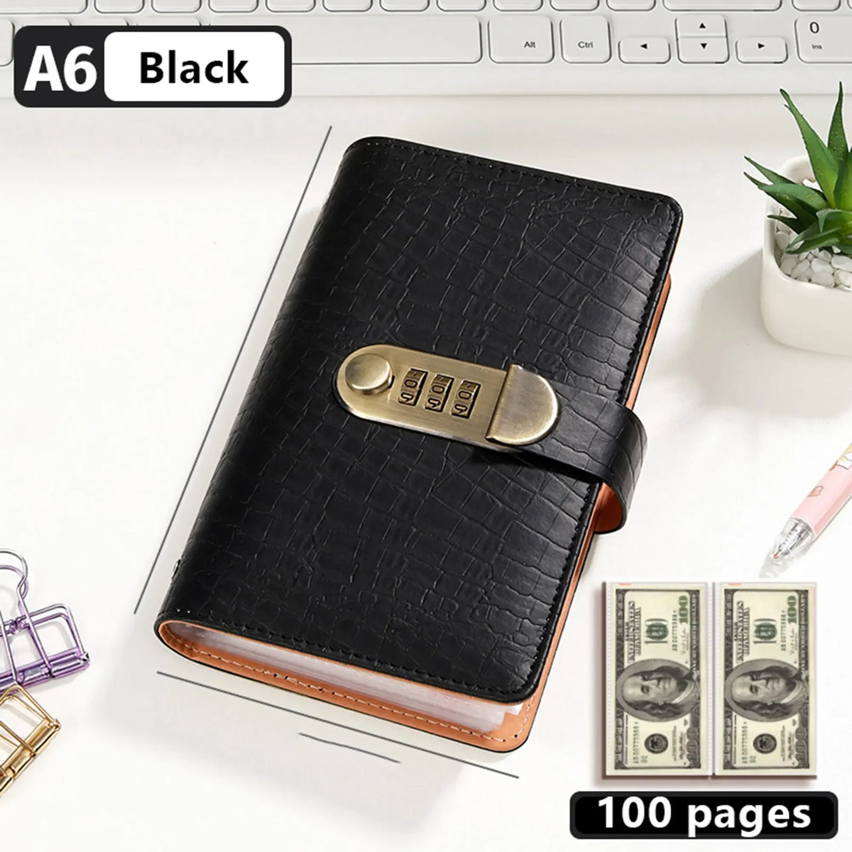 Midnight Black A6 savings notebook with lock