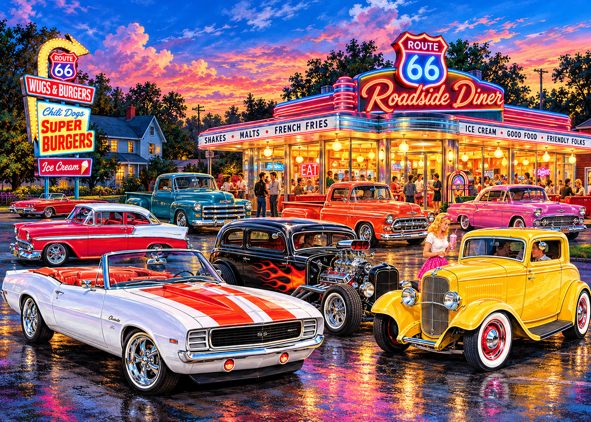 Route 66 Cruise-In – Classic Cars & Neon Diner Jigsaw Puzzle