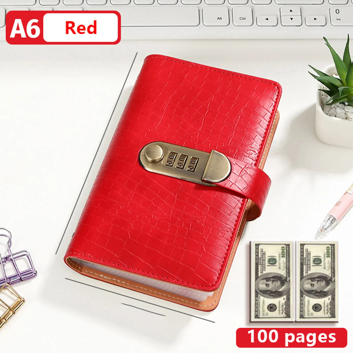Crimson Red A6 savings notebook with lock