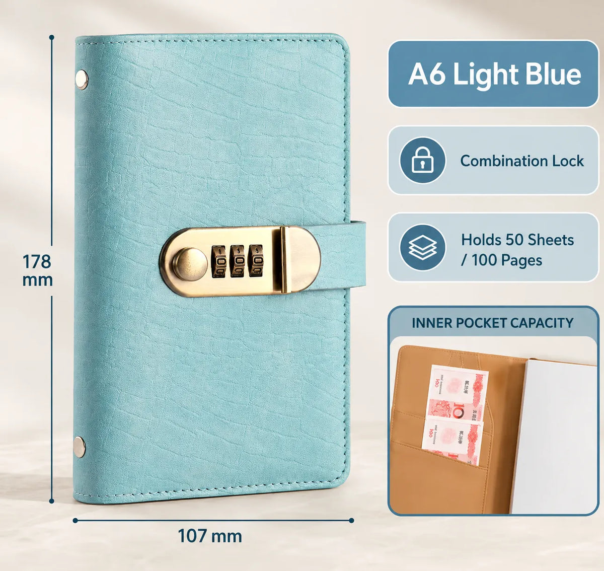 Lake Blue A6 savings notebook with lock