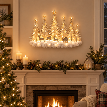Lighted Christmas woodland forest wall decor with deer and cottage