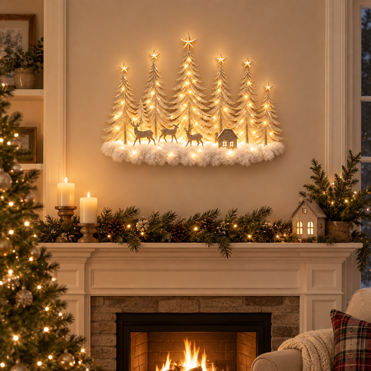 Lighted Christmas woodland forest wall decor with deer and cottage