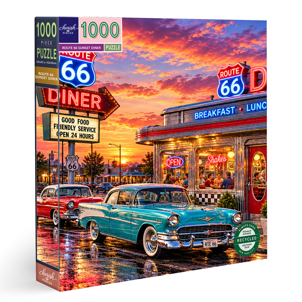 Route 66 Neon Diner – Classic Cars & Sunset Memories Jigsaw Puzzle