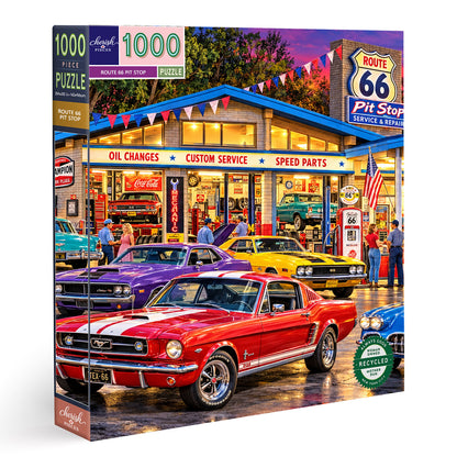 Étape Route 66 – Puzzle voitures classiques et souvenirs de coucher de soleil
