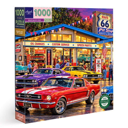 Route 66 Pit Stop – Classic Cars & Sunset Memories Jigsaw Puzzle