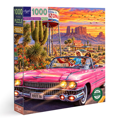 Pink Cadillac on Route 66 – Sunset Road Trip Jigsaw Puzzle