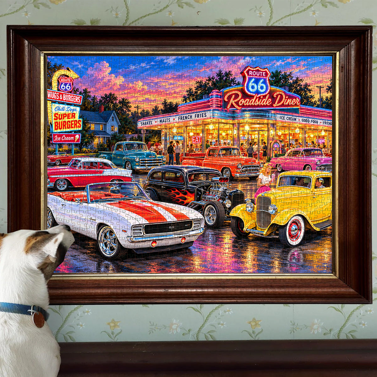 Route 66 Cruise-In – Classic Cars & Neon Diner Jigsaw Puzzle