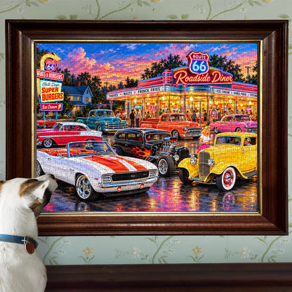 Route 66 Cruise-In – Classic Cars & Neon Diner Jigsaw Puzzle