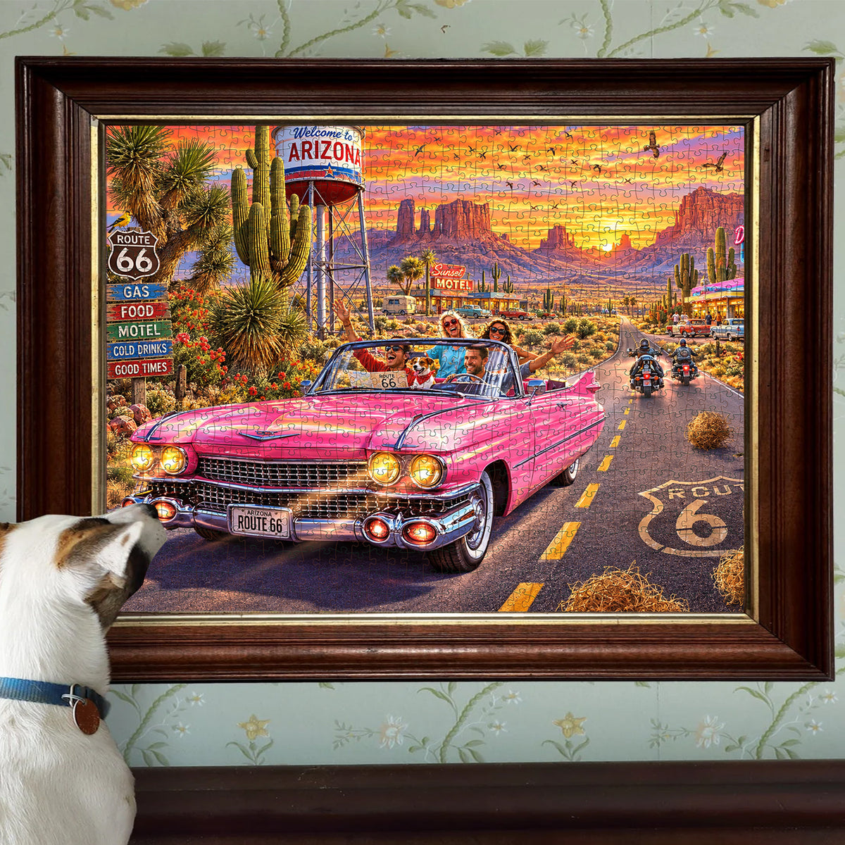 Pink Cadillac on Route 66 – Sunset Road Trip Jigsaw Puzzle