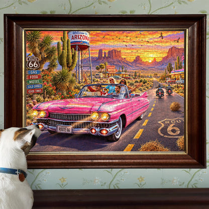 Pink Cadillac on Route 66 – Sunset Road Trip Jigsaw Puzzle