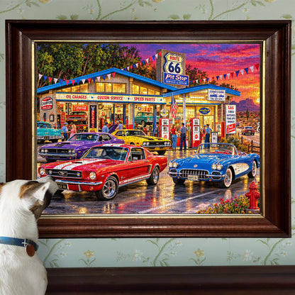 Étape Route 66 – Puzzle voitures classiques et souvenirs de coucher de soleil
