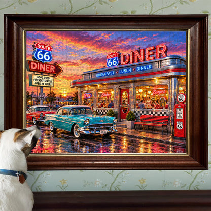 Route 66 Neon Diner – Classic Cars & Sunset Memories Jigsaw Puzzle