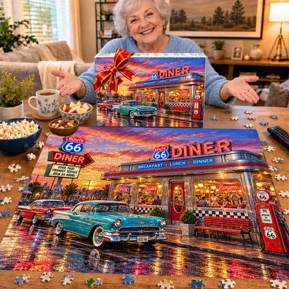 Route 66 Neon Diner – Classic Cars & Sunset Memories Jigsaw Puzzle