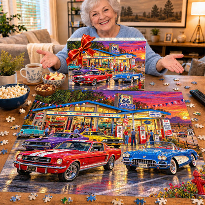 Étape Route 66 – Puzzle voitures classiques et souvenirs de coucher de soleil