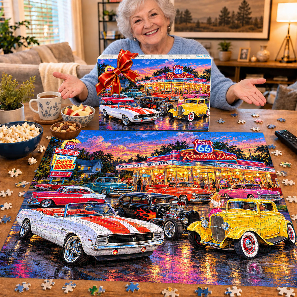 Route 66 Cruise-In – Classic Cars & Neon Diner Jigsaw Puzzle