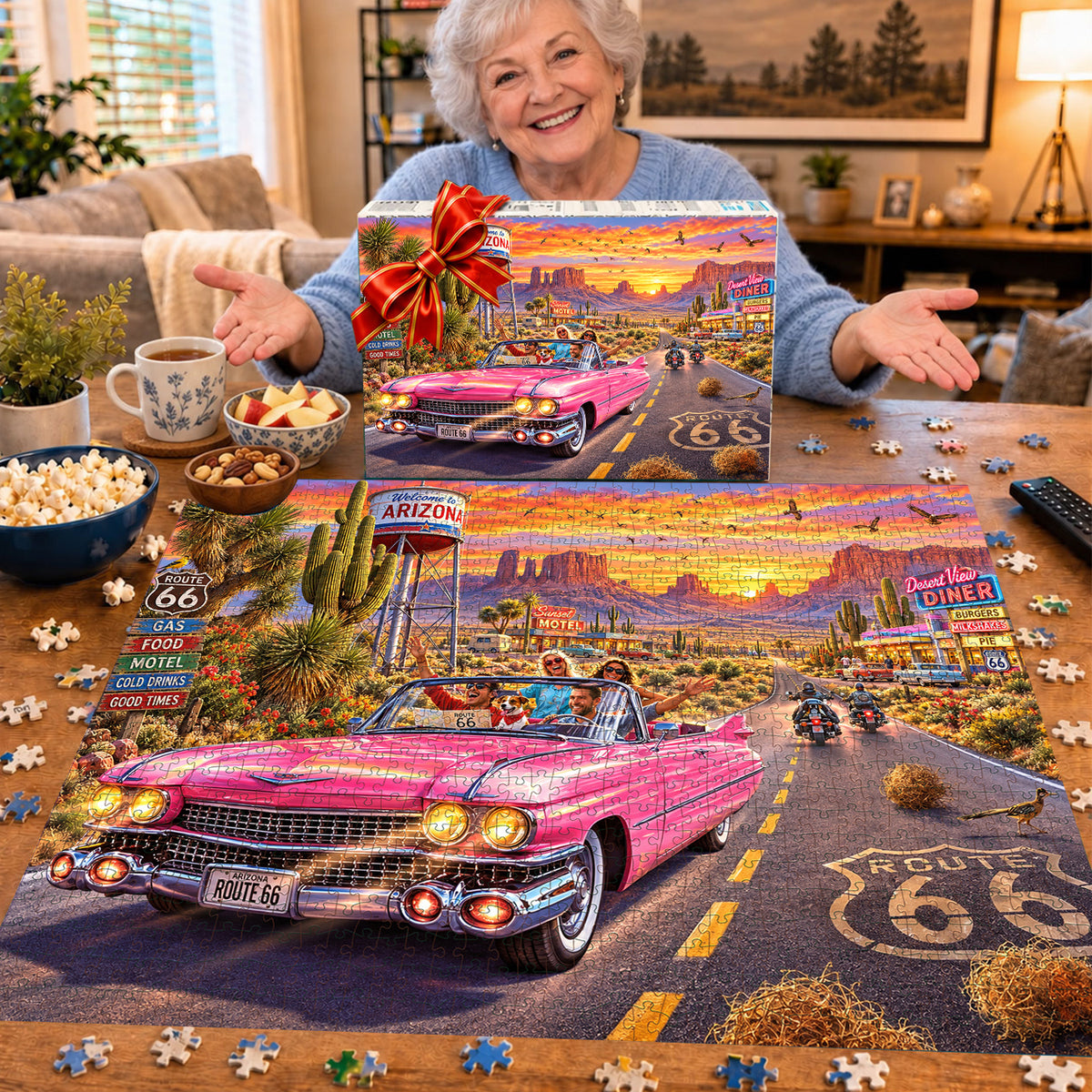 Pink Cadillac on Route 66 – Sunset Road Trip Jigsaw Puzzle
