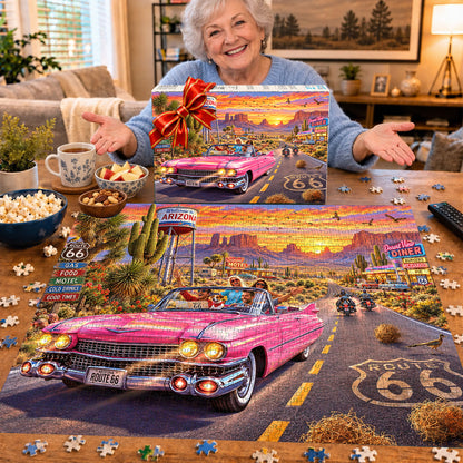 Pink Cadillac on Route 66 – Sunset Road Trip Jigsaw Puzzle