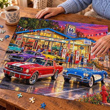 Étape Route 66 – Puzzle voitures classiques et souvenirs de coucher de soleil