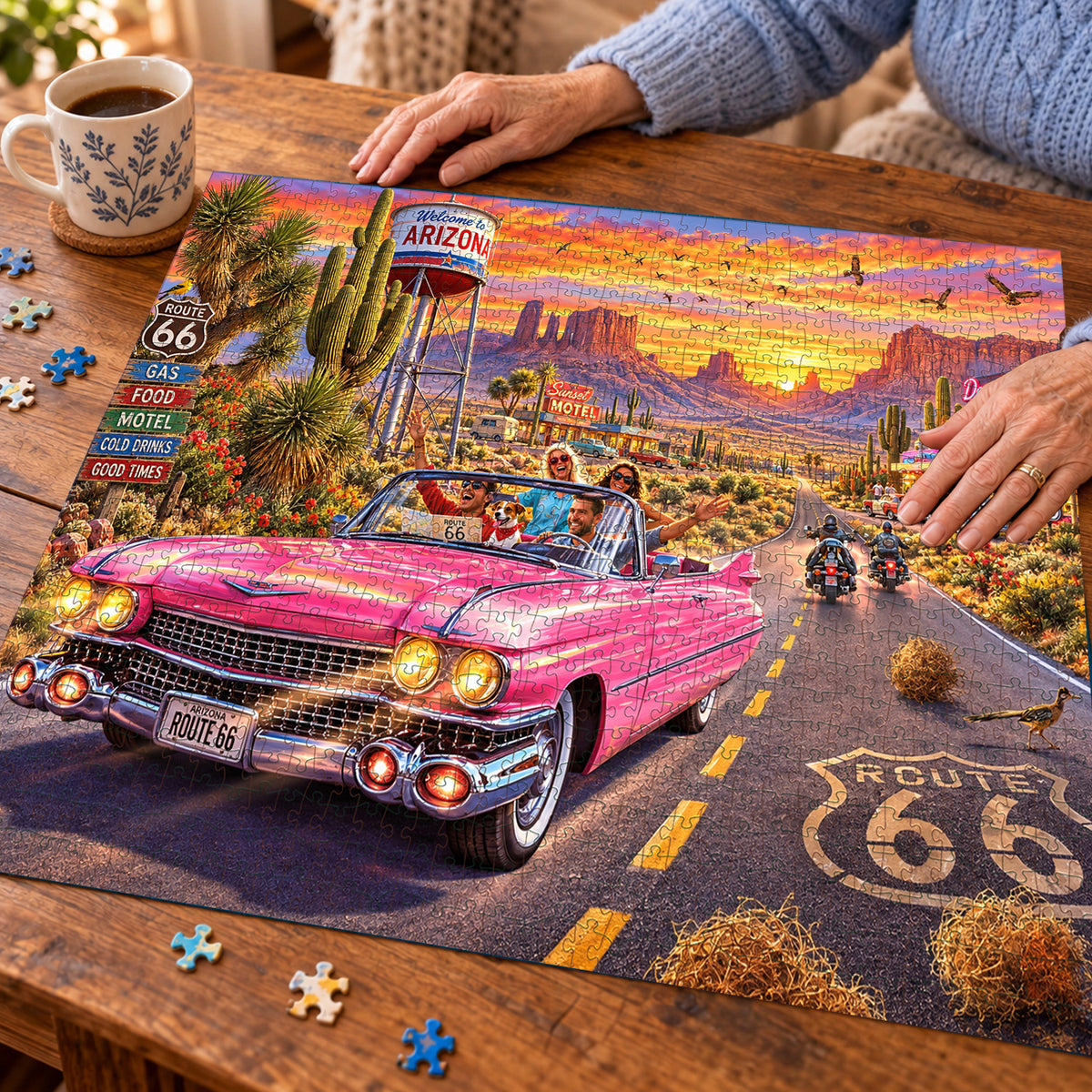 Pink Cadillac on Route 66 – Sunset Road Trip Jigsaw Puzzle