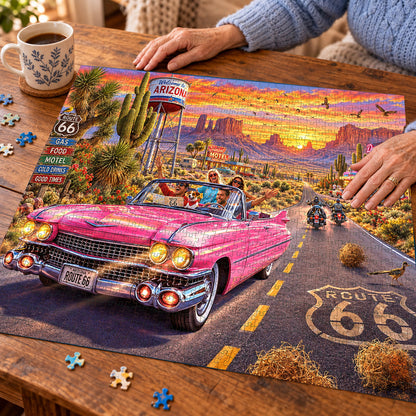 Pink Cadillac on Route 66 – Sunset Road Trip Jigsaw Puzzle
