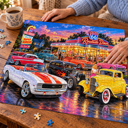 Route 66 Cruise-In – Classic Cars & Neon Diner Jigsaw Puzzle