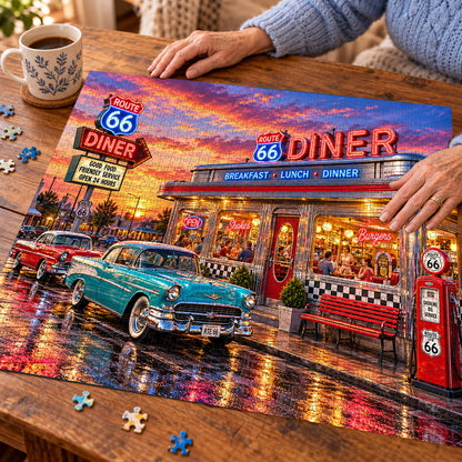 Route 66 Neon Diner – Classic Cars & Sunset Memories Jigsaw Puzzle