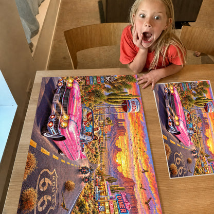Pink Cadillac on Route 66 – Sunset Road Trip Jigsaw Puzzle