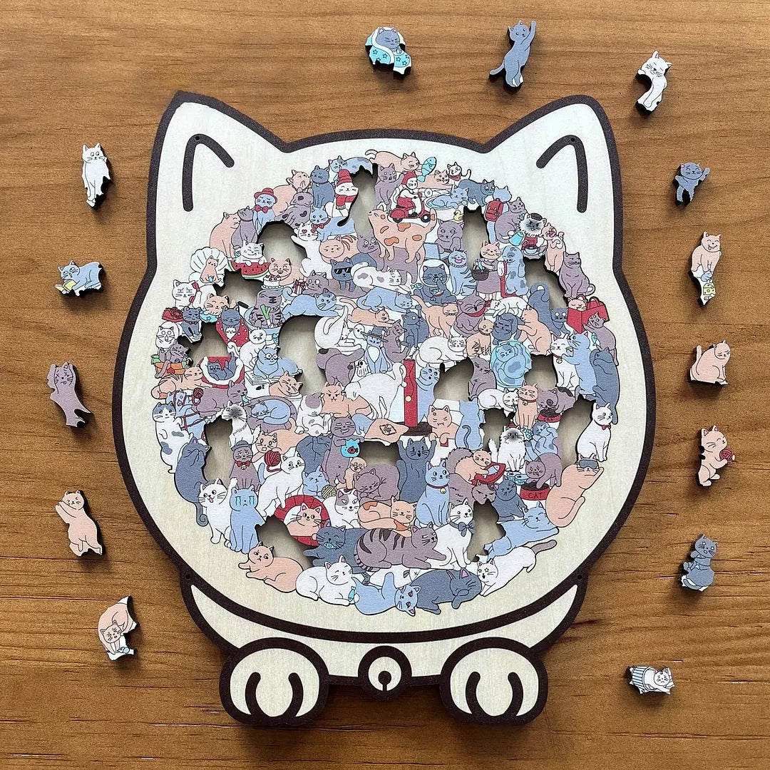 Cat-shaped wooden puzzle in muted Morandi colors