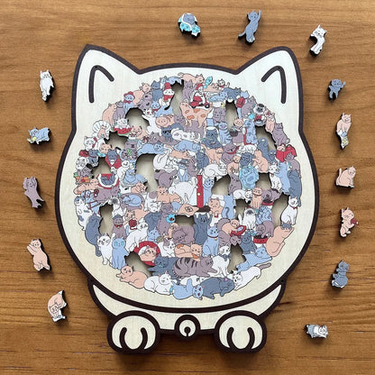 Cat-shaped wooden puzzle in muted Morandi colors