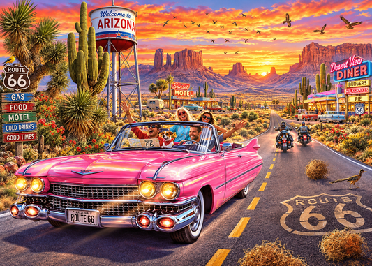 Pink Cadillac on Route 66 – Sunset Road Trip Jigsaw Puzzle