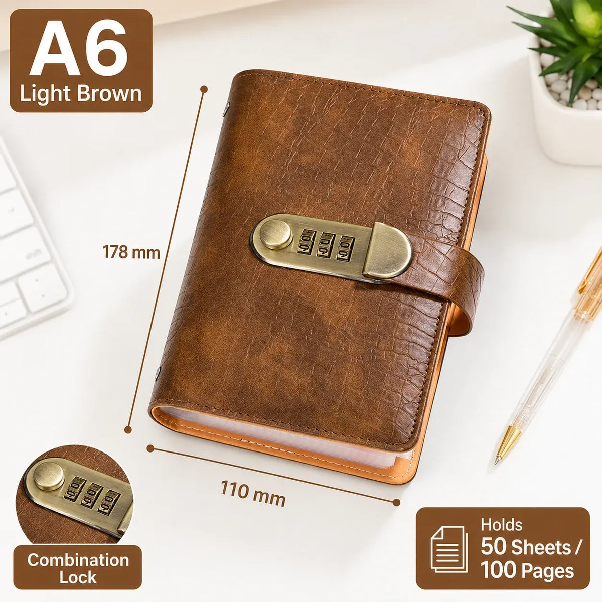 Light Brown A6 savings notebook with lock