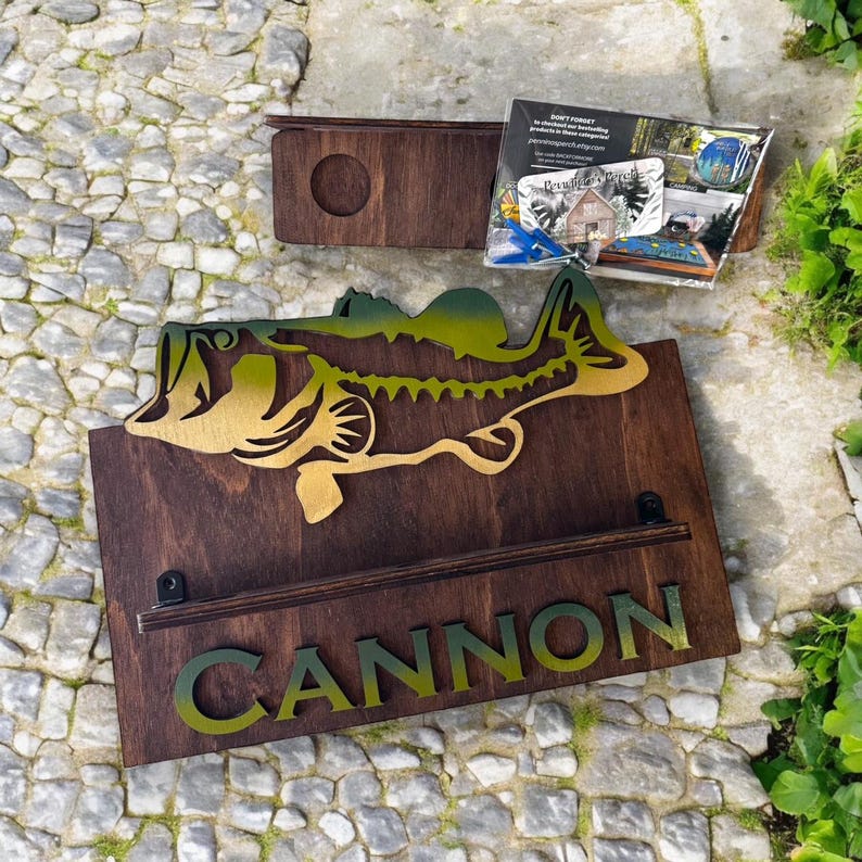Personalized wood fishing pole rack product view