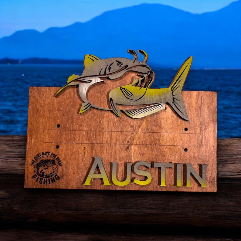 Custom name fishing rack with layered fish design