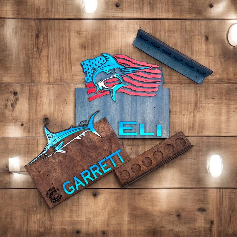 Marlin fishing rod holder personalized name examples