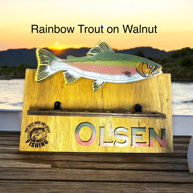 Rainbow trout design on walnut fishing rod holder